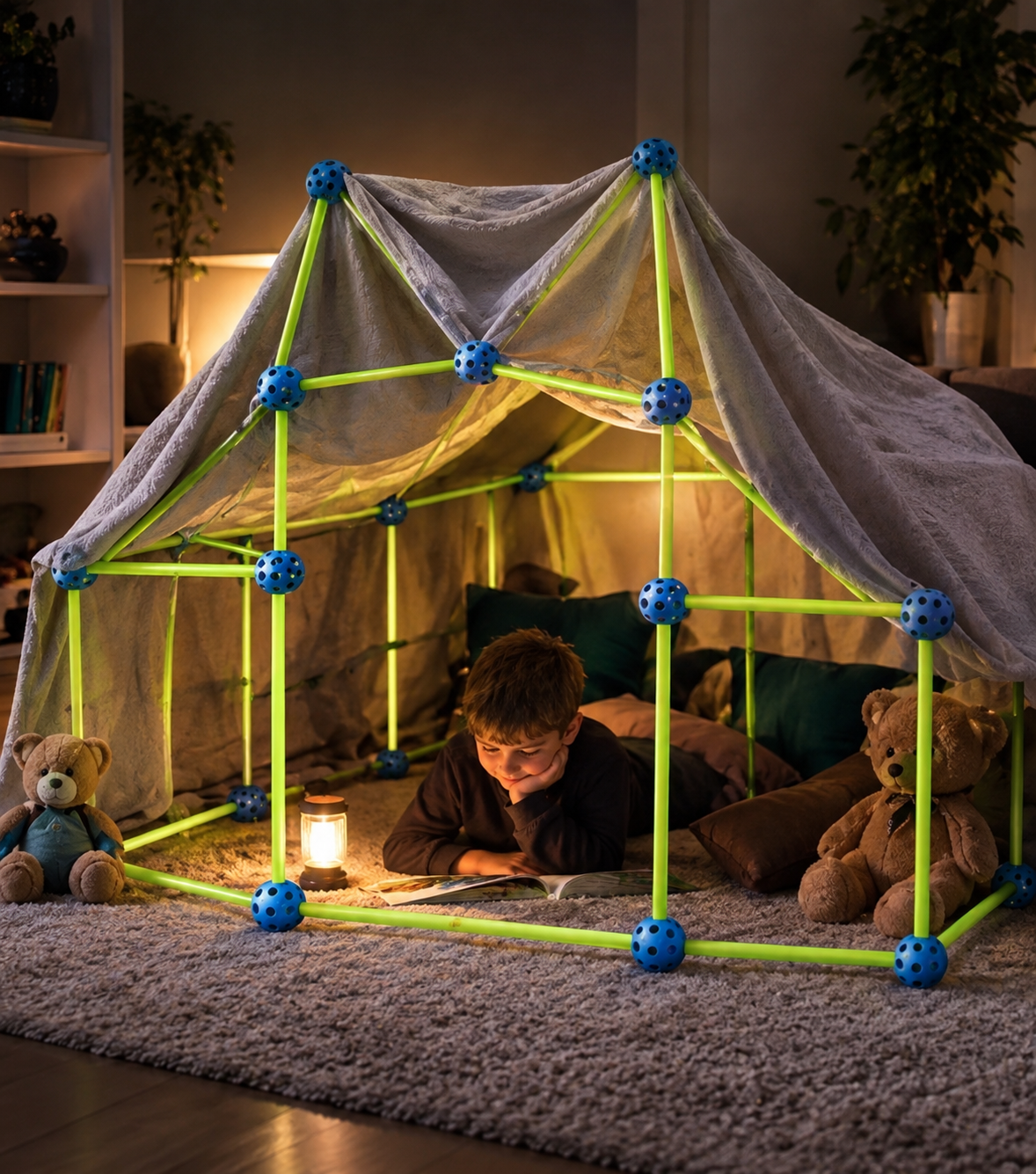 Enfant lisant à la lanterne sous une cabane KidzCraft recouverte d'un plaid, avec ses peluches