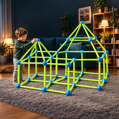 Enfant en train de monter un grand fort KidzCraft sur un tapis dans un salon