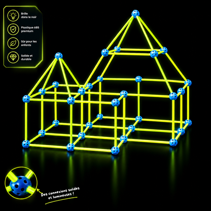 Fort KidzCraft lumineux sur fond noir, avec gros plan sur un connecteur phosphorescent
