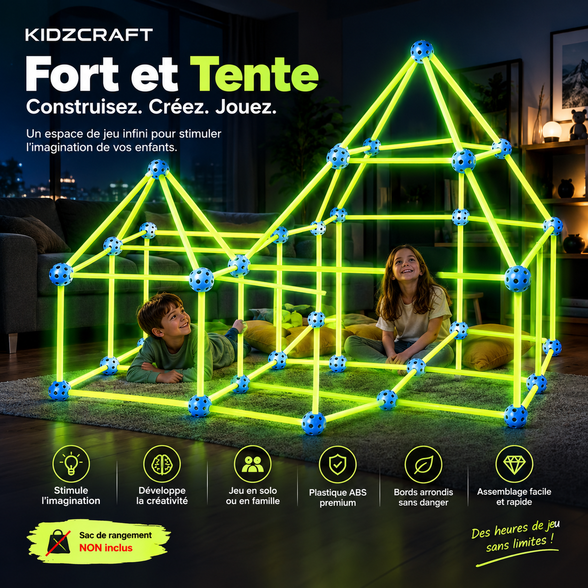 KidzCraft Fort et Tente, enfants souriants la nuit