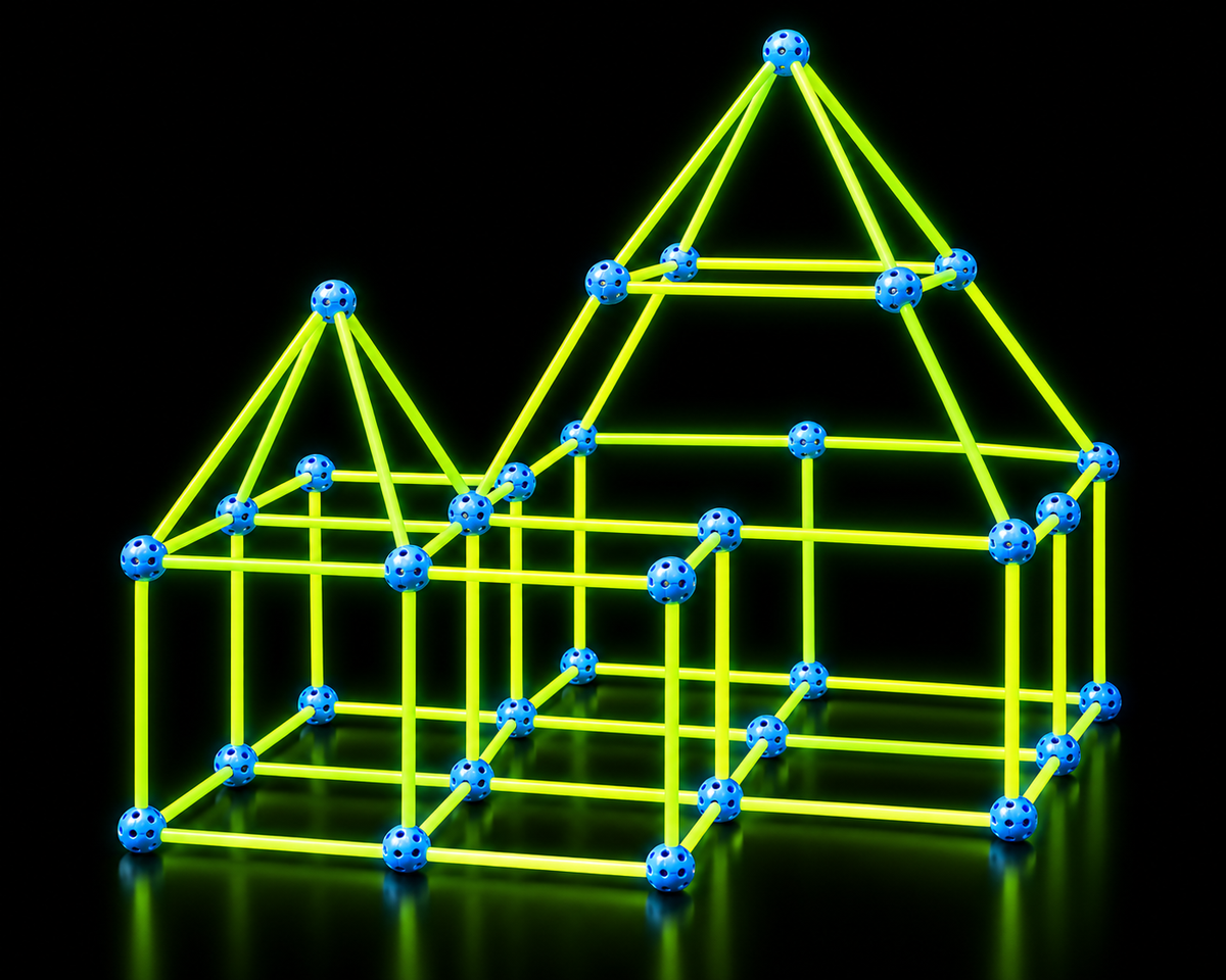 Fort KidzCraft version lumineuse assemblé, bâtons phosphorescents et connecteurs bleus sur fond noir