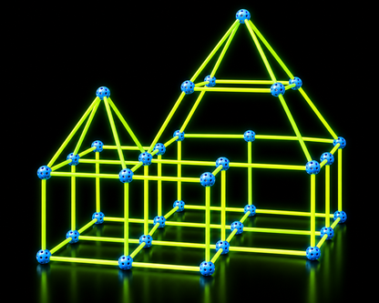 Fort KidzCraft version lumineuse assemblé, bâtons phosphorescents et connecteurs bleus sur fond noir