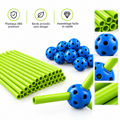 Matériaux KidzCraft : bâtons verts en ABS et connecteurs billes bleues, gros plans sur l'emboîtement