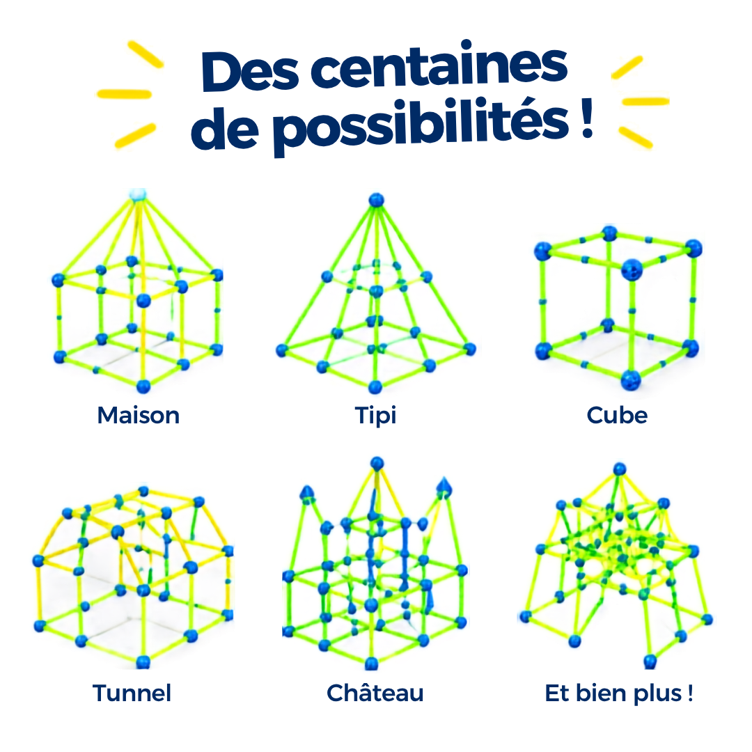 Six exemples de constructions KidzCraft : maison, tipi, cube, tunnel, château et plus encore