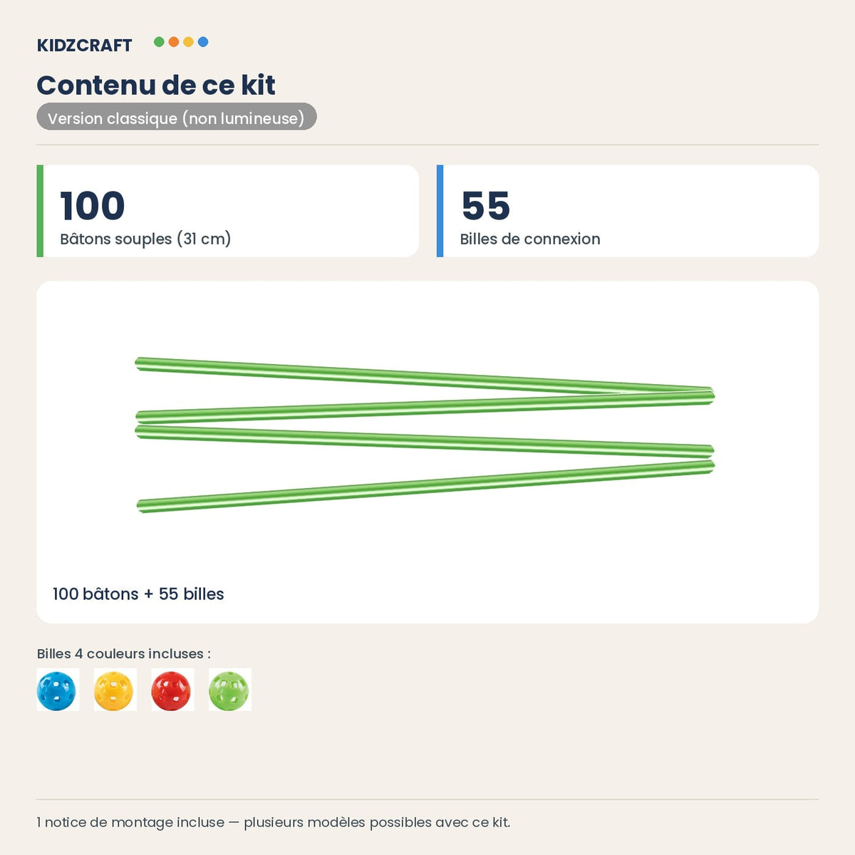 Contenu du kit 100 bâtons + 55 billes, version classique